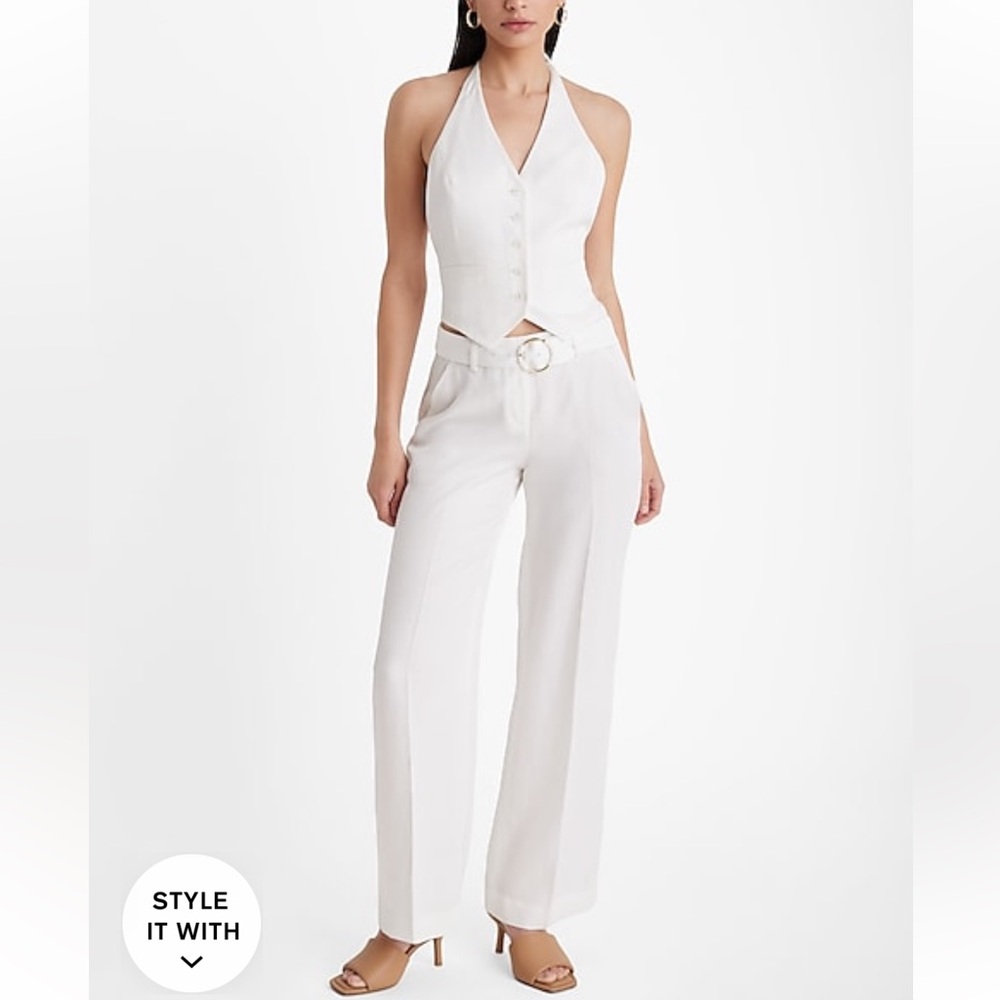 NWT Express Editor Mid Rise Linen-Blend Belted Relaxed Trouser Pant White